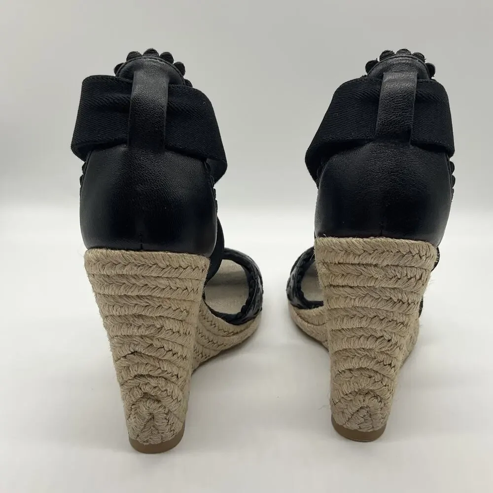 Black Wedge Espadrille Sandals Laser‑Cut Faux Leather Club Monaco Size 7.5‎ US